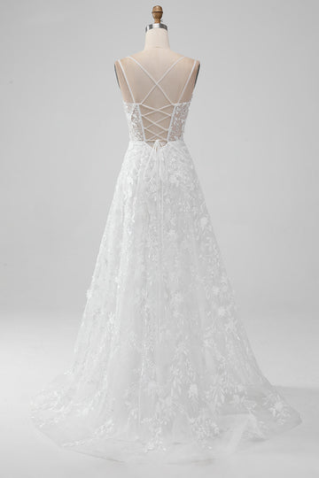 Ivory A Line Spaghetti Straps Applique Lace Corset Wedding Dress with Slit